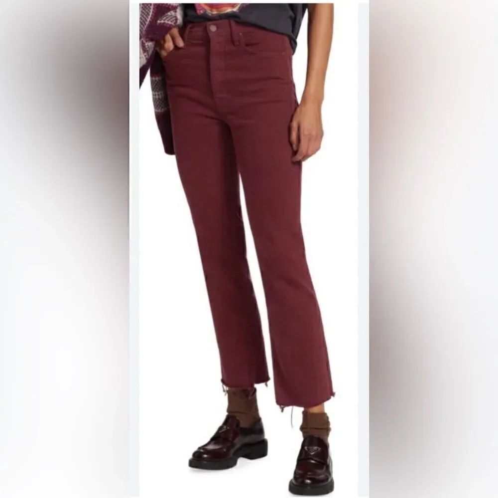 Mother The Tripper High-Rise Stretch Ankle Fray Cropped Jeans Burgundy Size 34